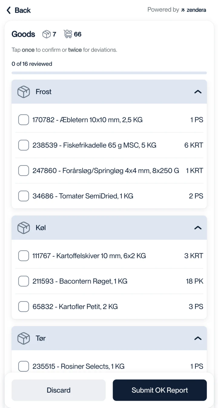 Zendera receiver app: goods checklist with frost, chilled and dry sections, ready to confirm or flag deviations