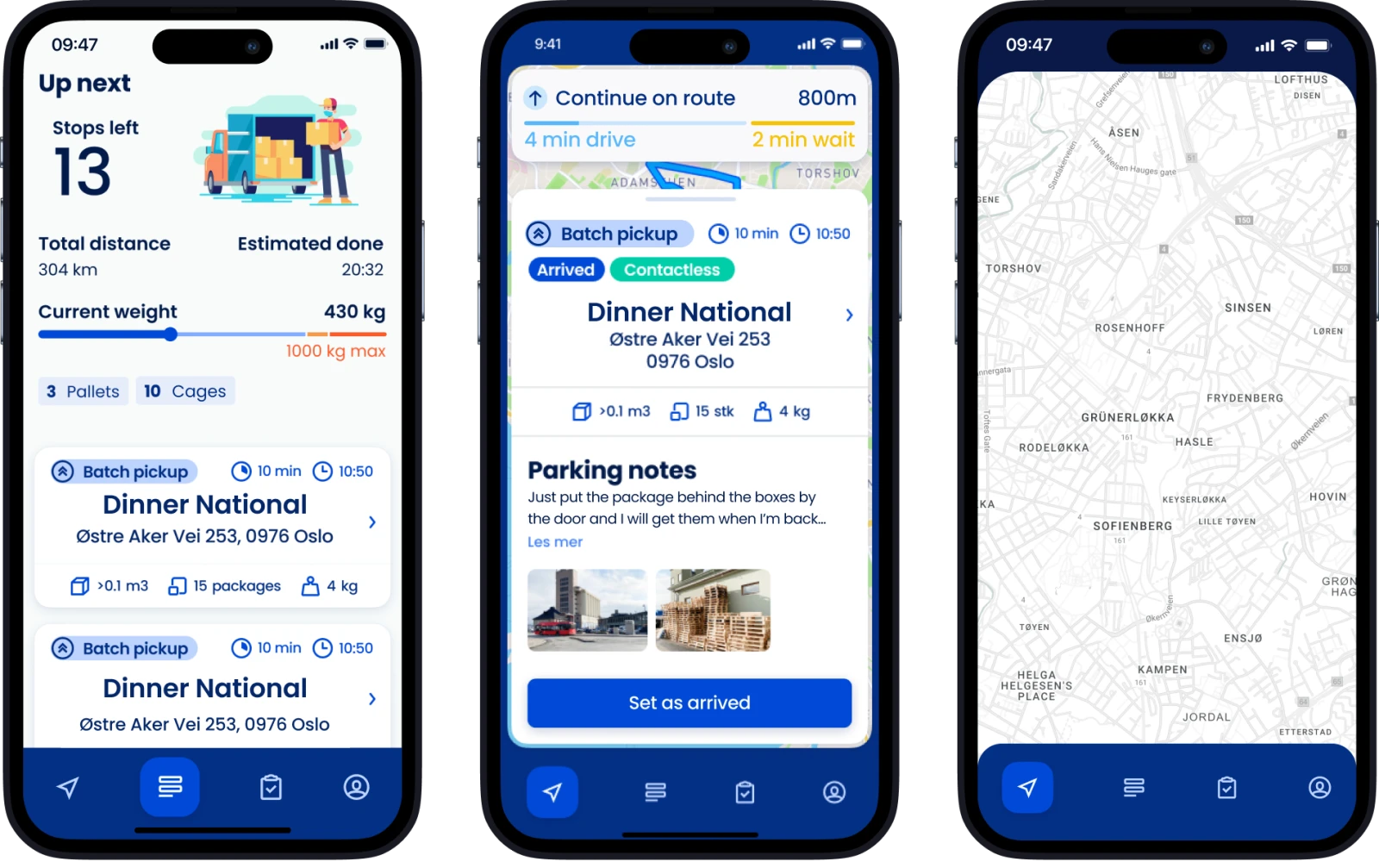 Zendera driver app: three screens showing the up-next list, batch pickup details, and turn-by-turn map navigation